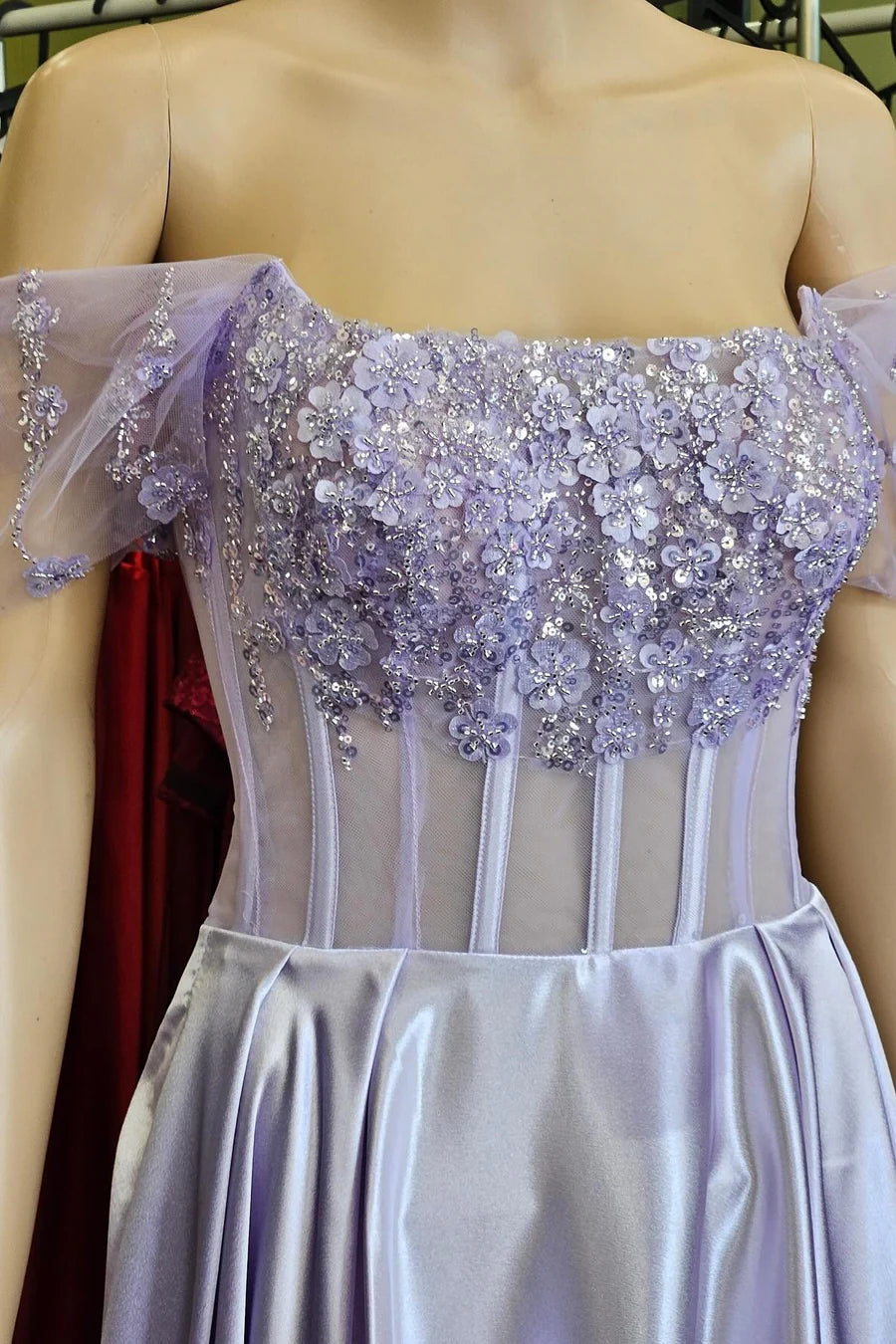 3D Floral Lace Off-the-Shoulder A-Line Long Prom Dress