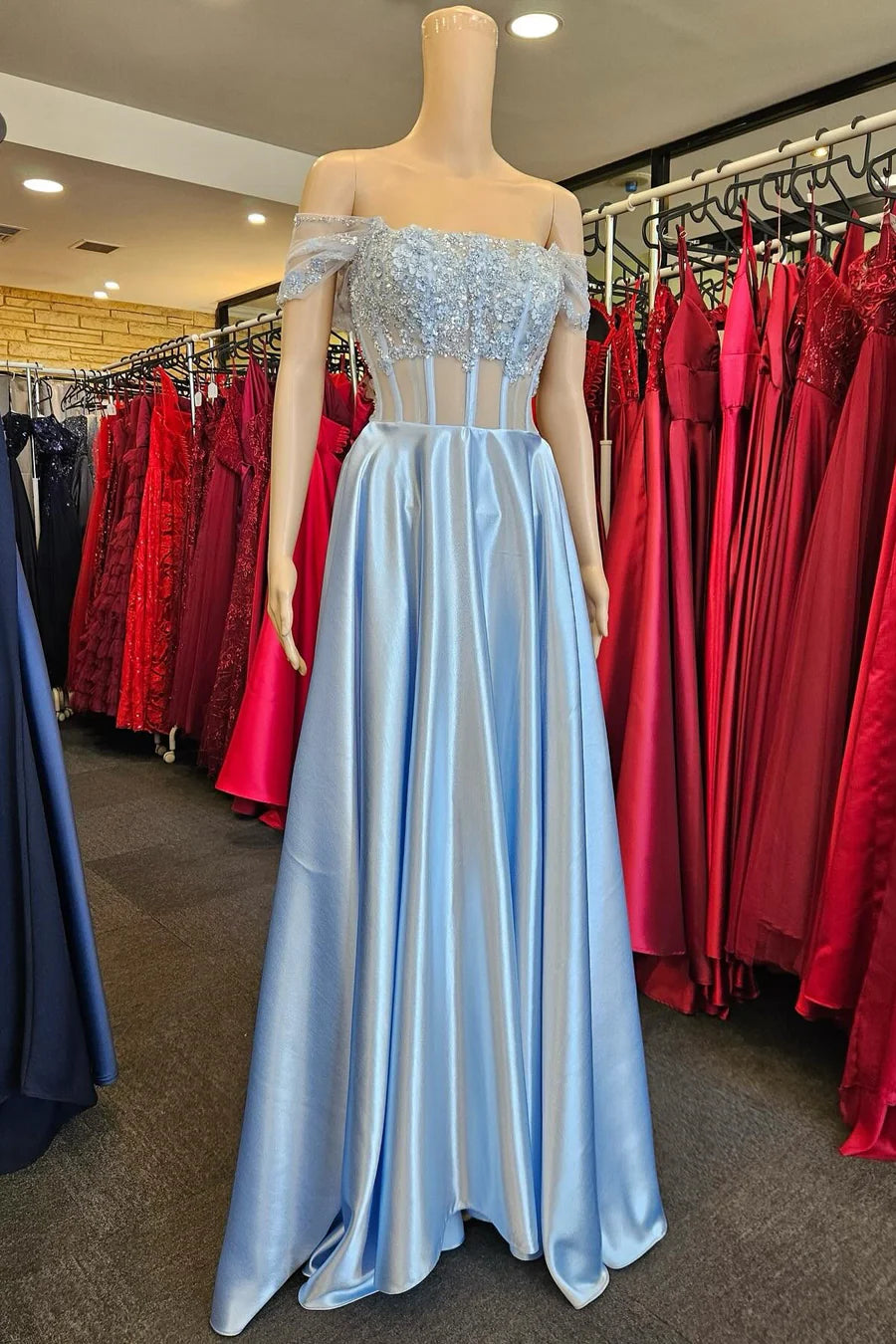 3D Floral Lace Off-the-Shoulder A-Line Long Prom Dress