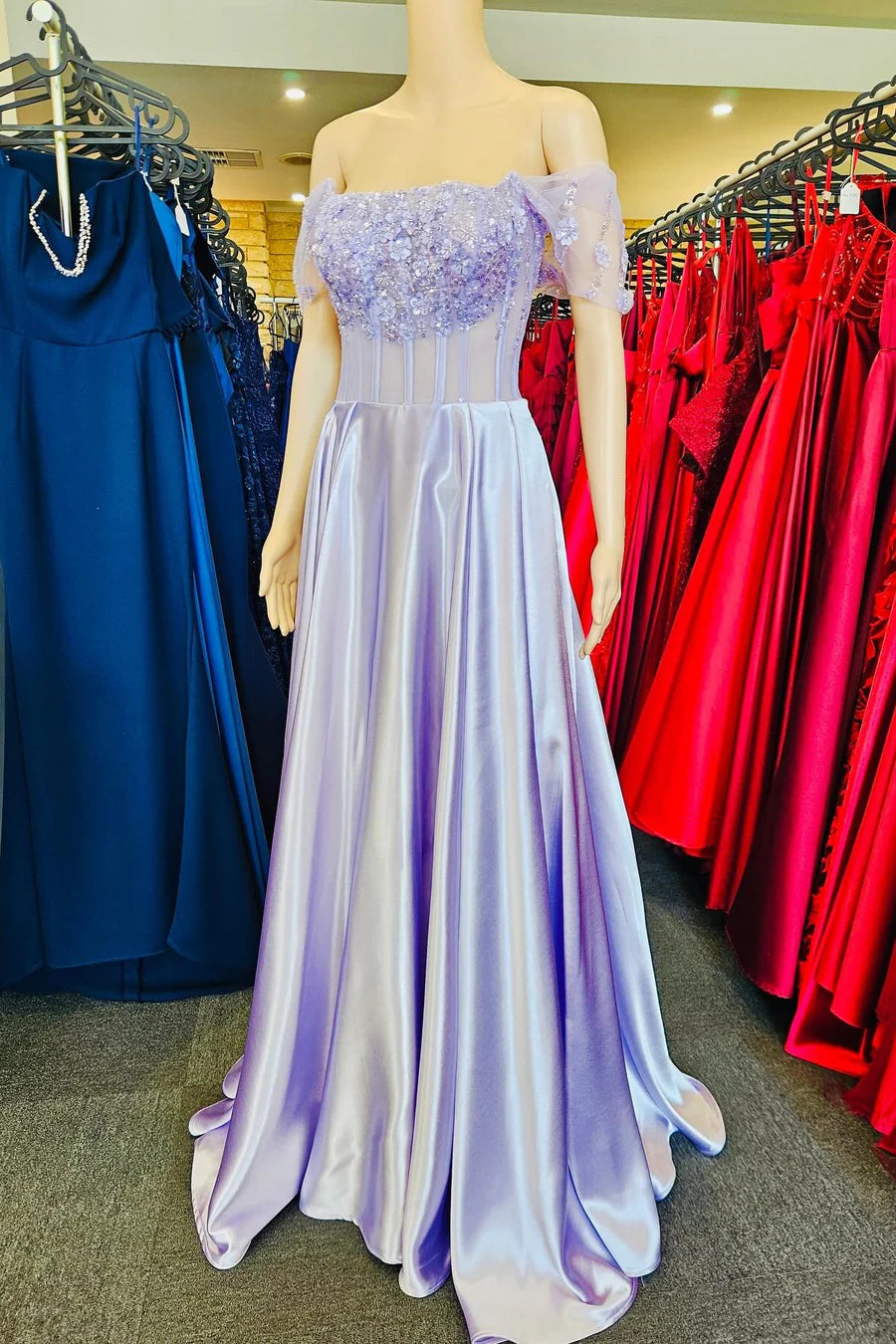 3D Floral Lace Off-the-Shoulder A-Line Long Prom Dress