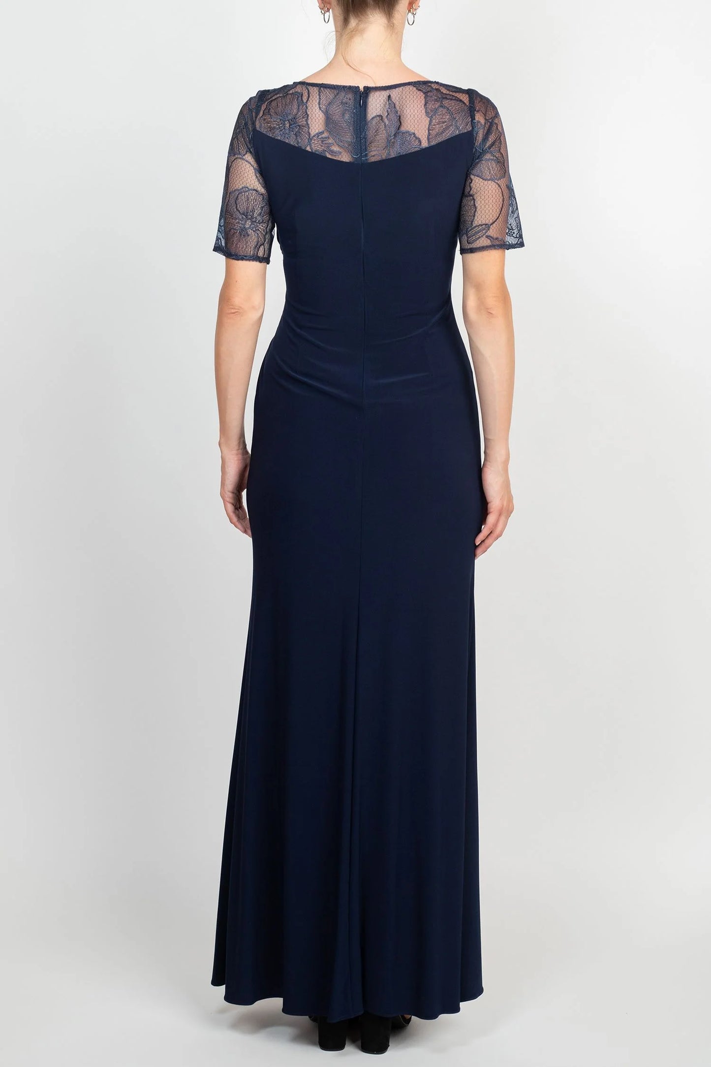 Embroidered Illusion Boat Neck Short Sleeve Gathered Side Zipper Back Lace Mother of the Bride Dresses