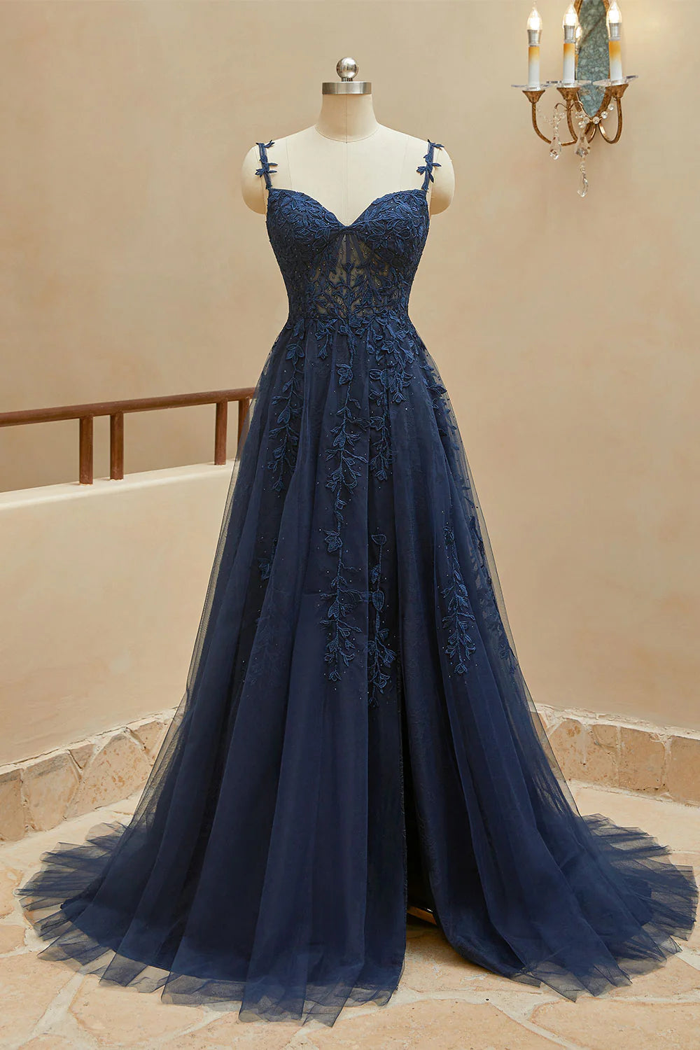 A-line Italian spaghetti strap sheer dress sleeveless long dress