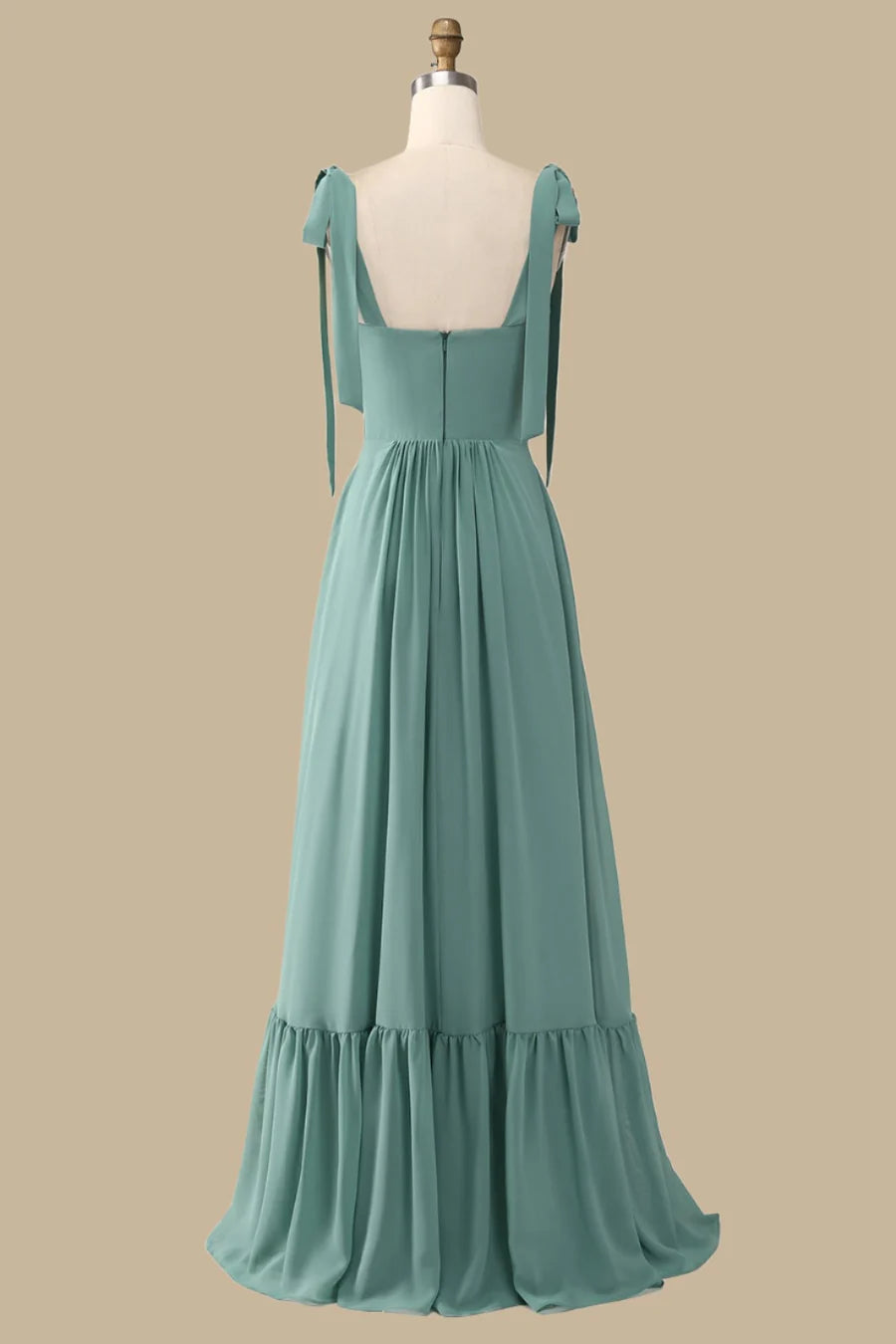A-Line Green Maxi Dress with Bow Straps