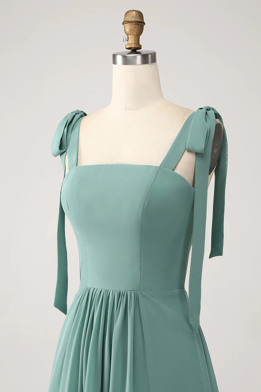 A-Line Green Maxi Dress with Bow Straps