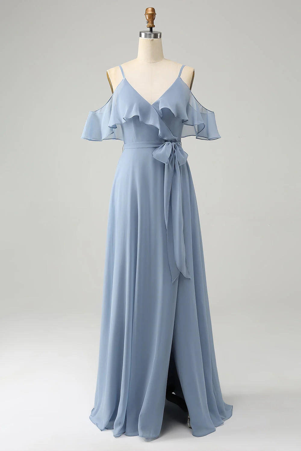 A Line Spaghetti Straps Chiffon Long Bridesmaid Dress with Slit