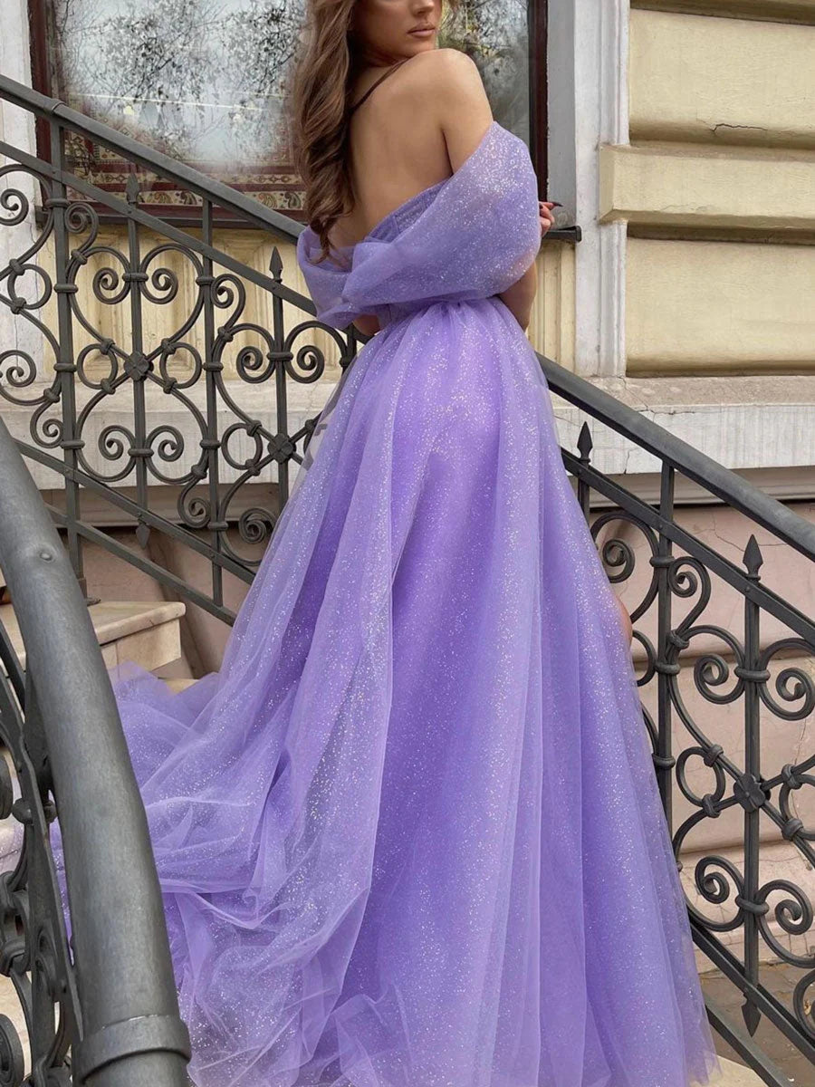 Purple off shoulder tulle sequin long prom dress purple evening prom dress