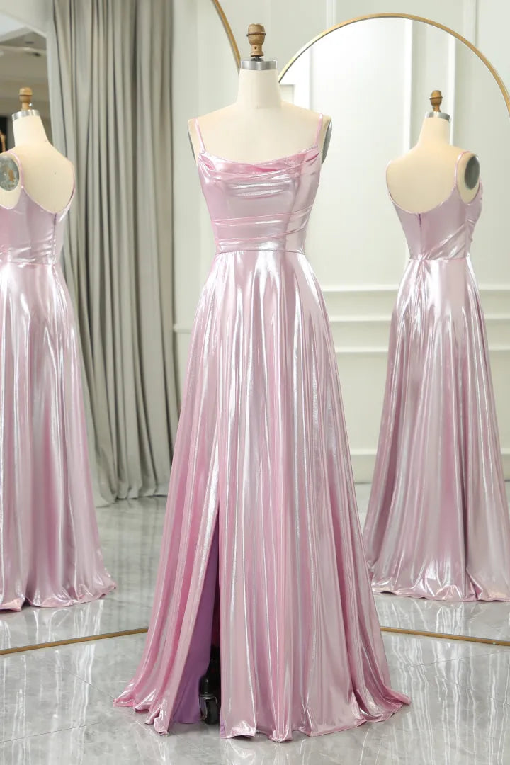 Sparkling Slim Fit Pink A-line Italian Noodle Strap Long Split Ball Dress