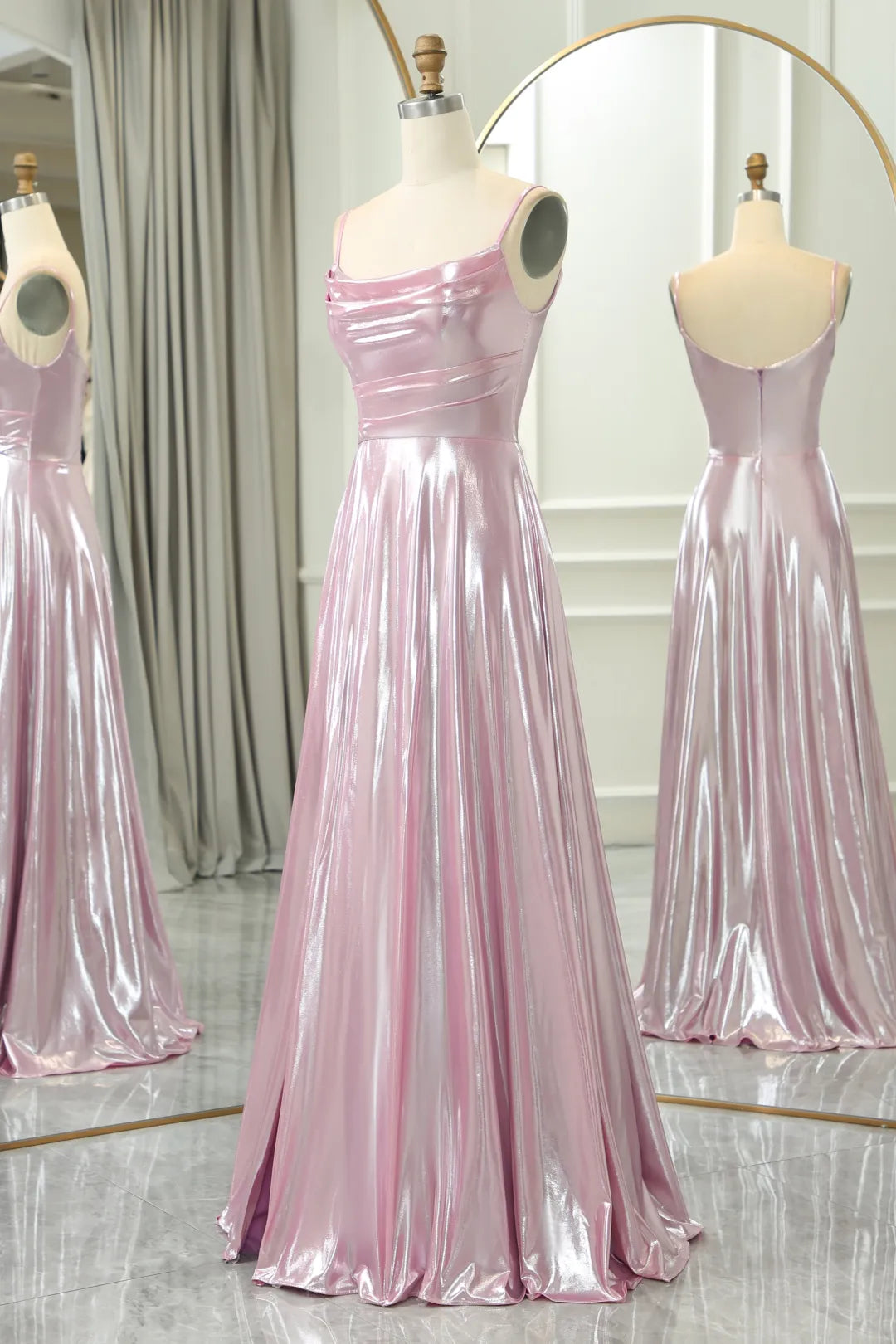 Sparkling Slim Fit Pink A-line Italian Noodle Strap Long Split Ball Dress