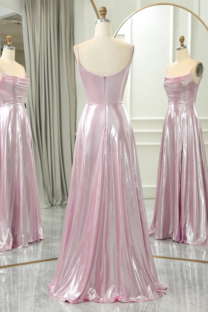 Sparkling Slim Fit Pink A-line Italian Noodle Strap Long Split Ball Dress