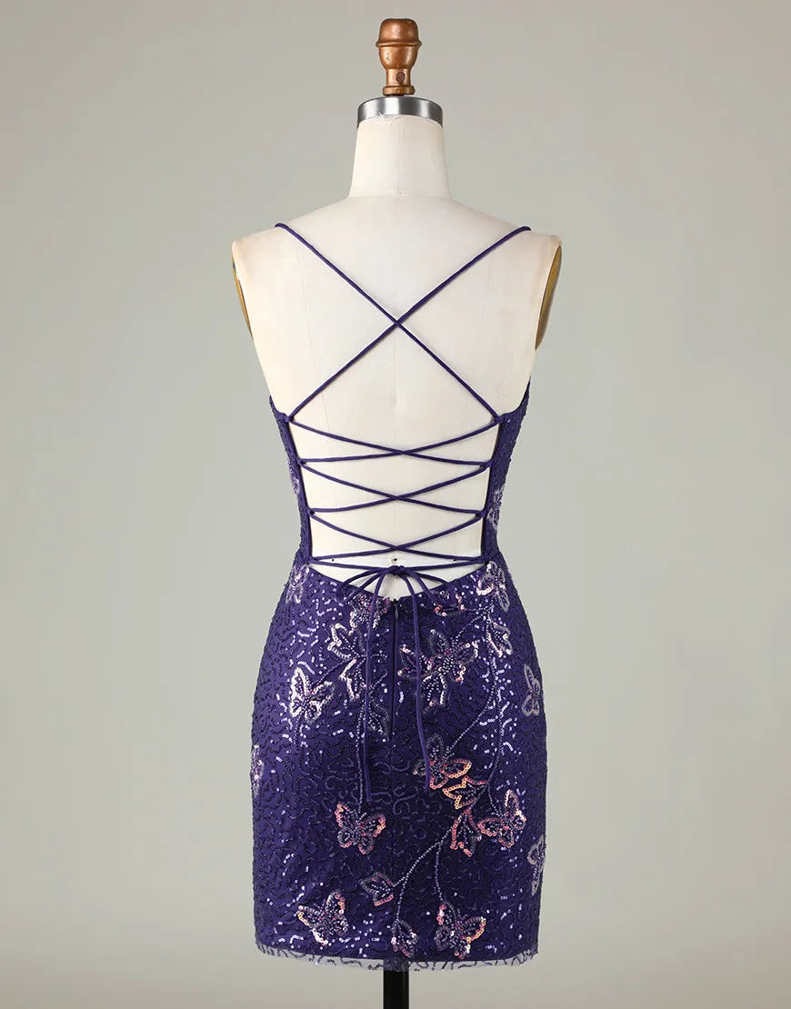 Advanced Deep Purple Italian Noodle Strap Sparkling Butterfly Back to School Dress