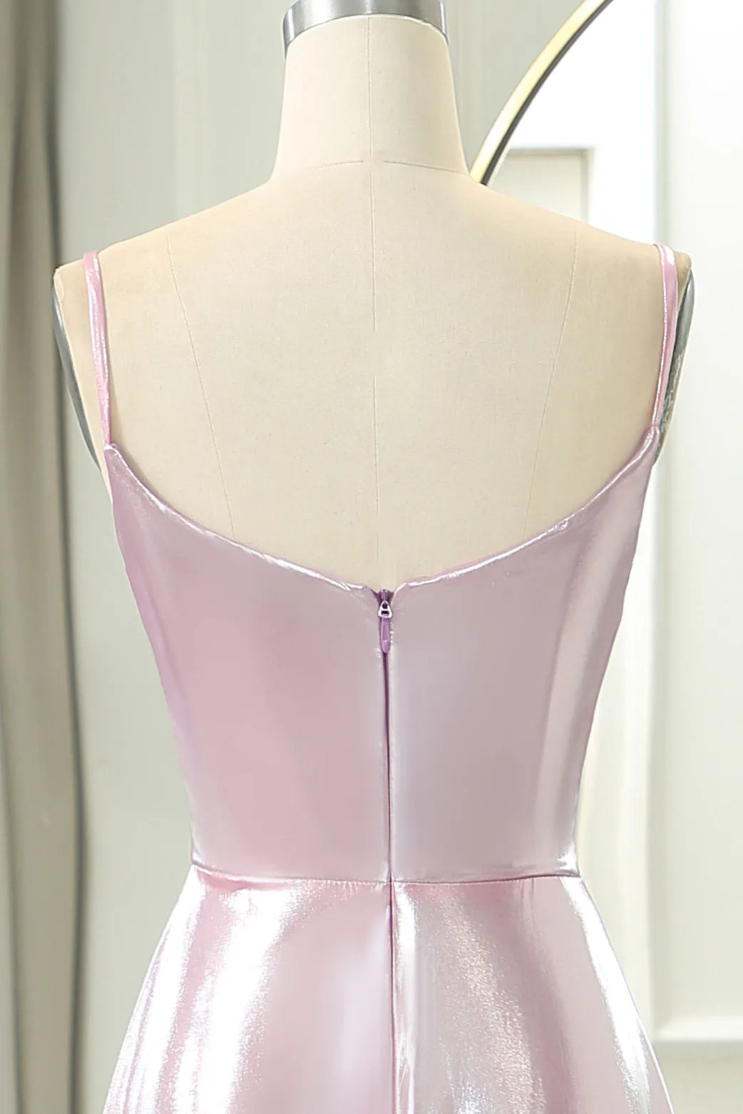Sparkling Slim Fit Pink A-line Italian Noodle Strap Long Split Ball Dress