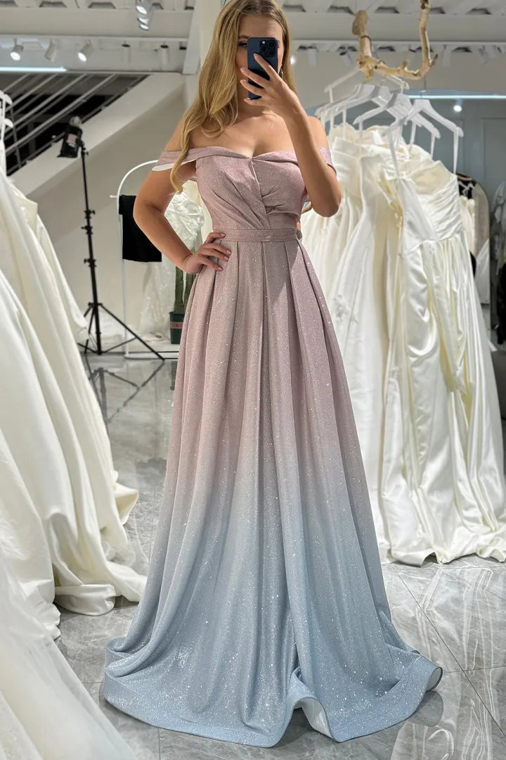 Shiny powder blusher fade A-line off shoulder long t prom dress