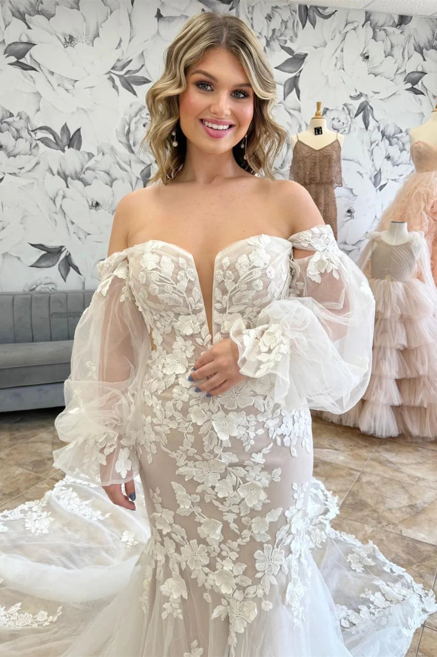 Off-the-Shoulder Trumpet Wedding Dress with Balloon Sleeves