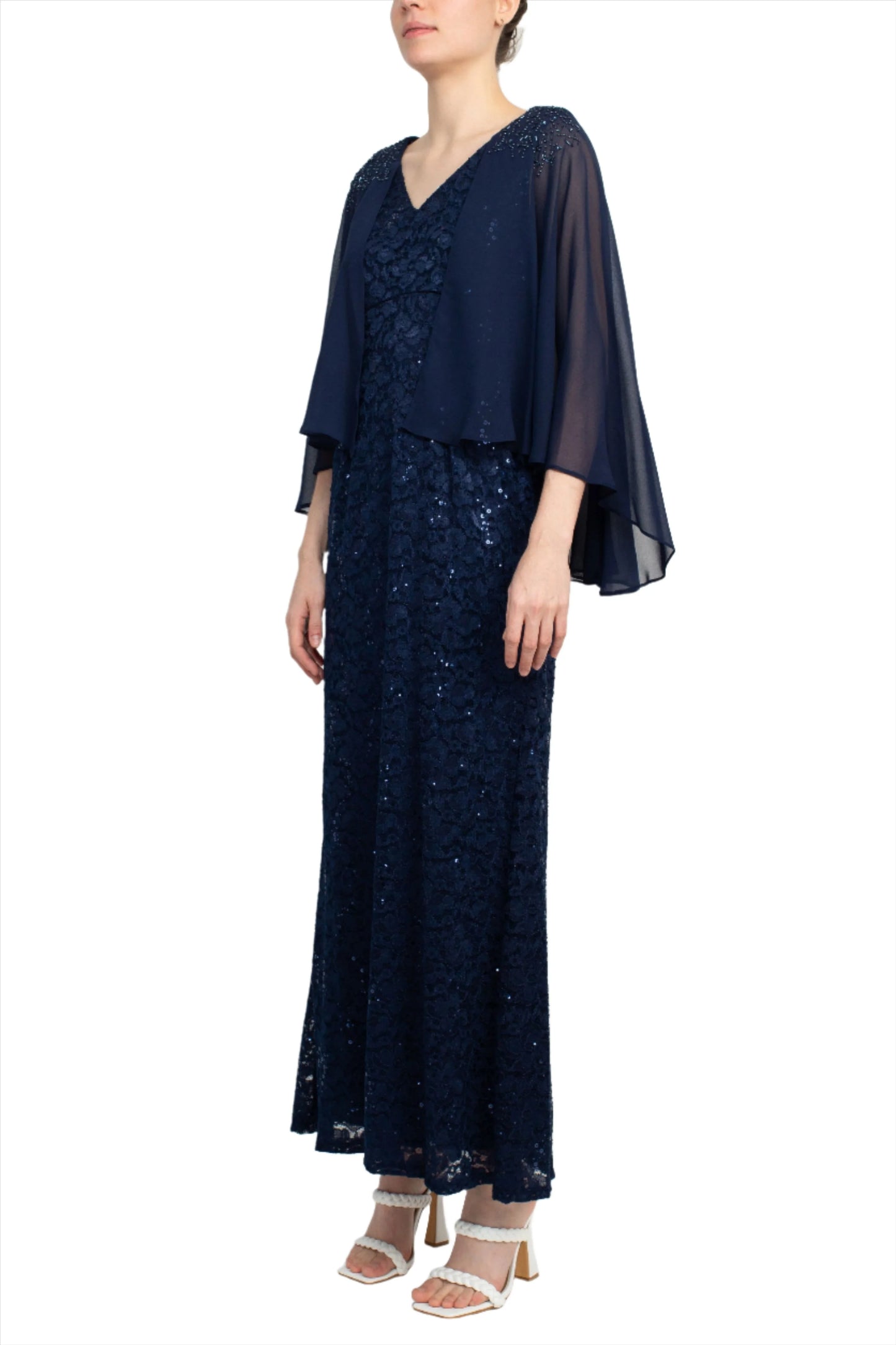Fashion V-Neck Back Zipper Cape Sleeves Lace Long Mother of the Bride Dresses