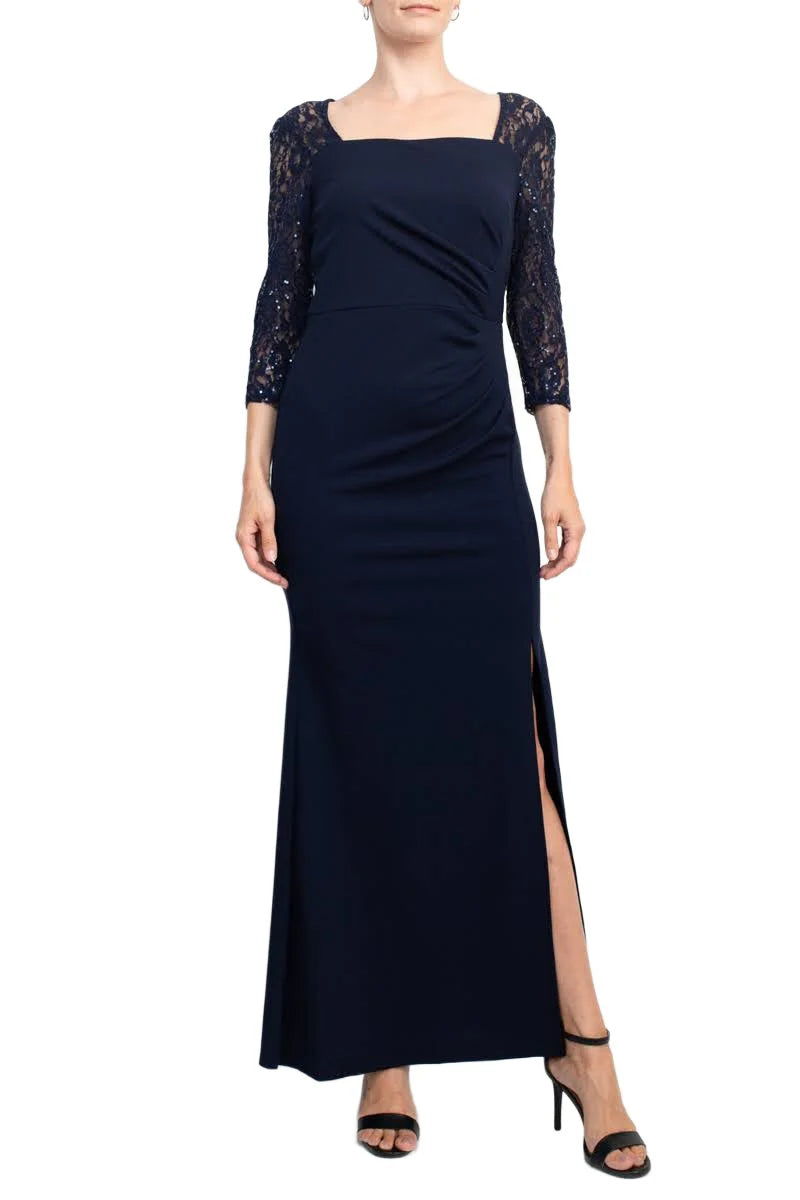 Fashion Square Neck 3/4 Sleeve Pleated Side Front Slit Zipper Back Crepe Mother of the Bride Dresses