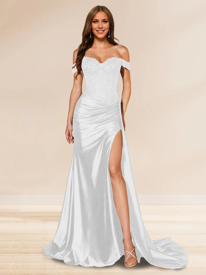 OKBBN mermaid off shoulder trailing sequin side slit evening gown