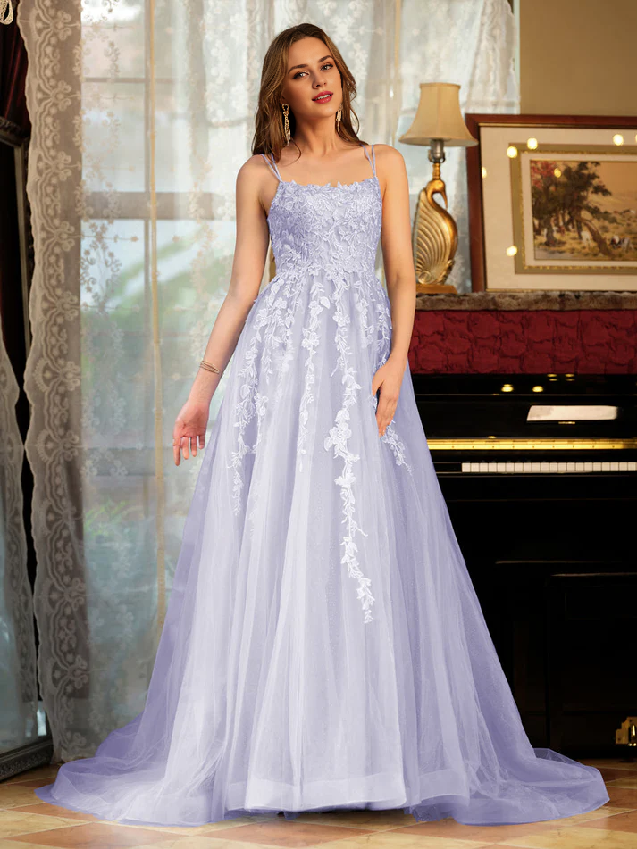 OKBBN A-line princess chiffon thin shoulder strap decal long evening gown