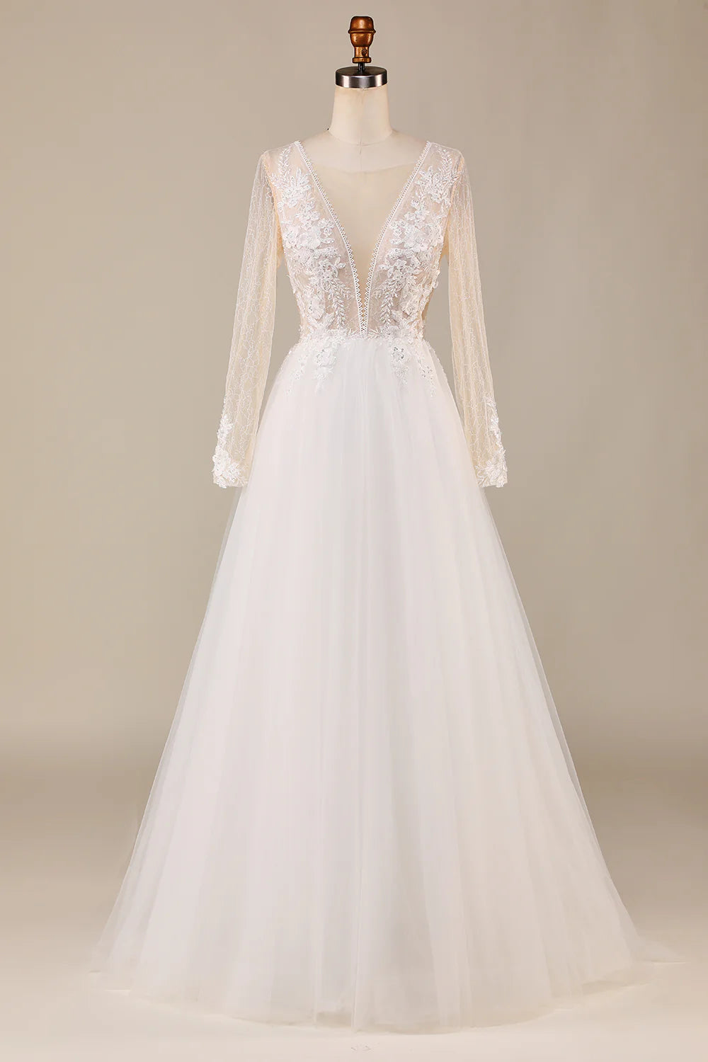 A Line Deep V-Neck Ivory Tulle Sweep Train Wedding Dress