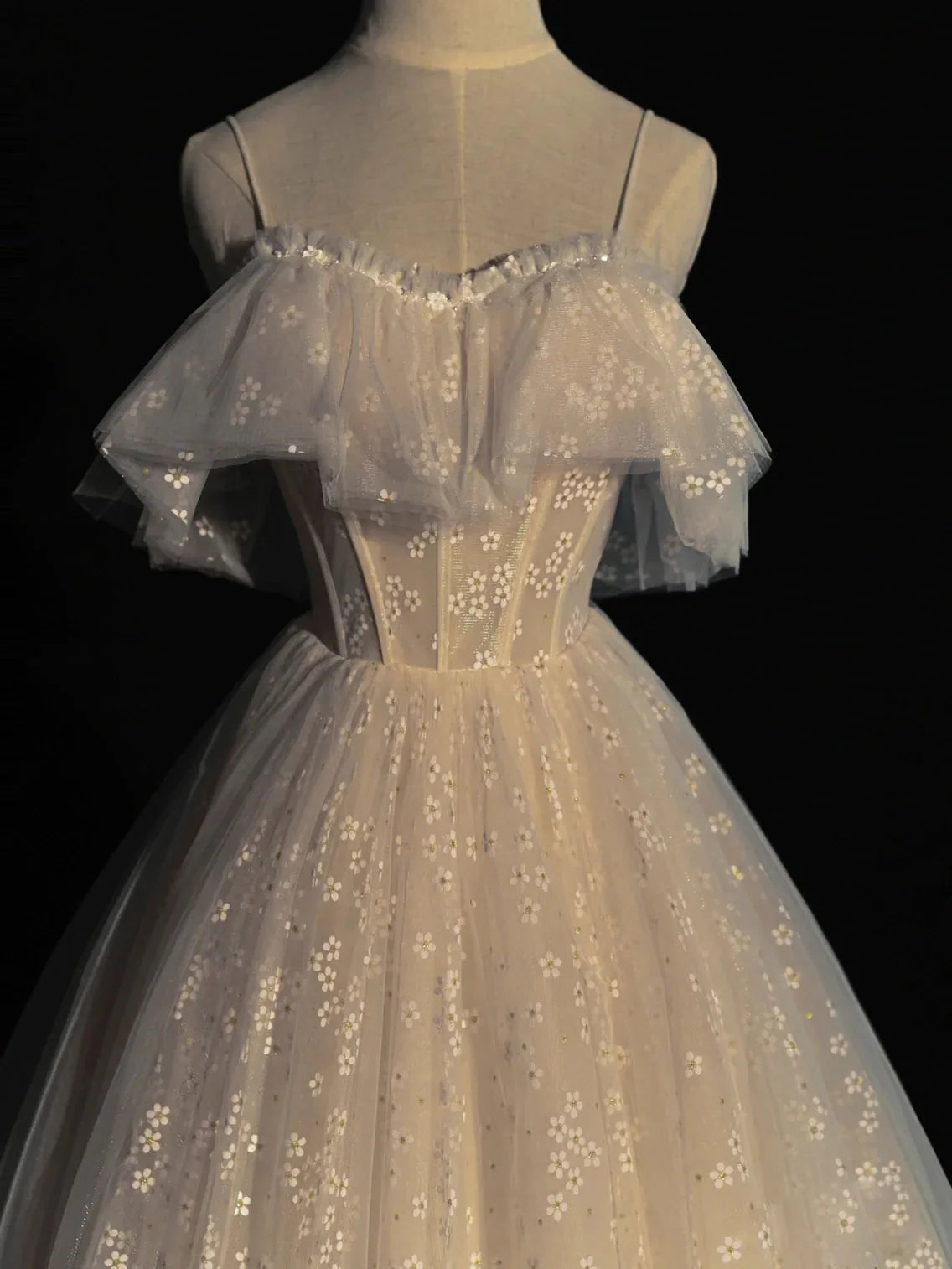 A line off shoulder champagne tulle long prom dress champagne prom dress