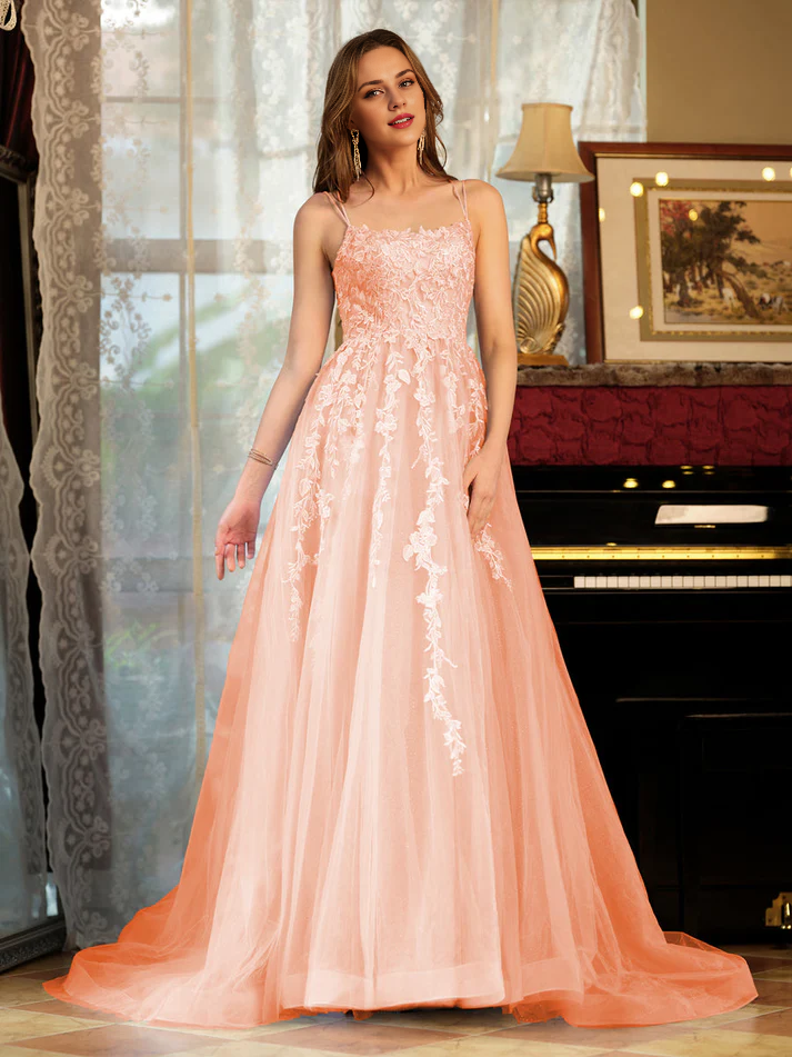 OKBBN A-line princess chiffon thin shoulder strap decal long evening gown