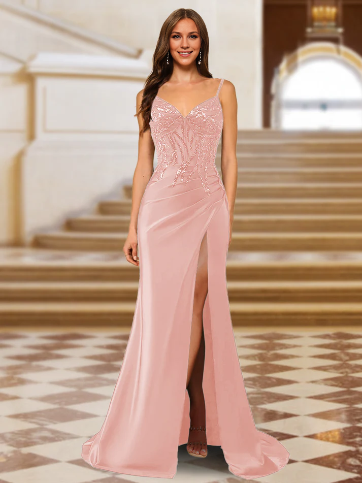 OKBBN shiny trumpet shaped mermaid slim shoulder strap long evening gown