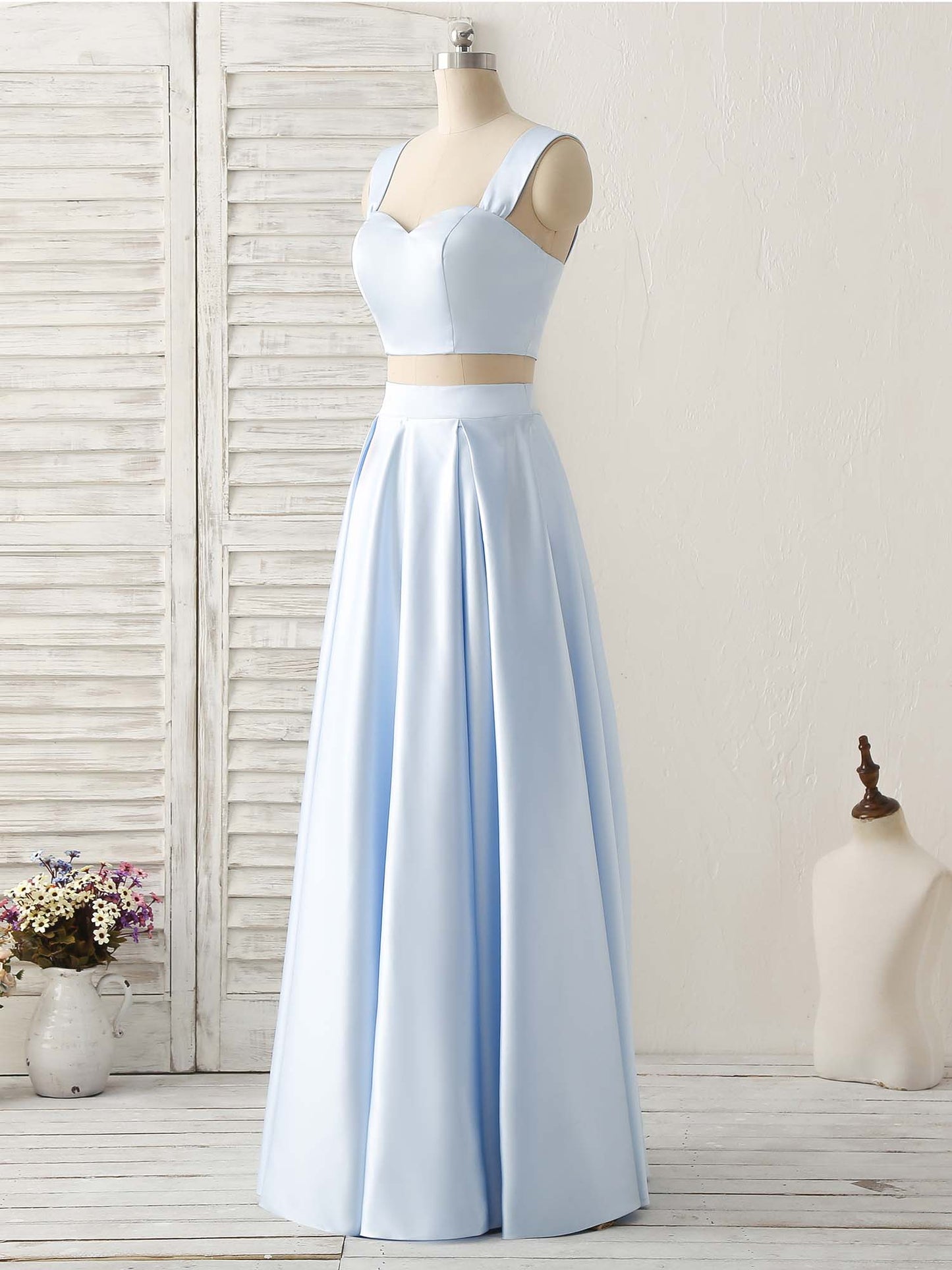 Two piece set of A-line blue satin sweet ball dress with floor mopping evening dress
