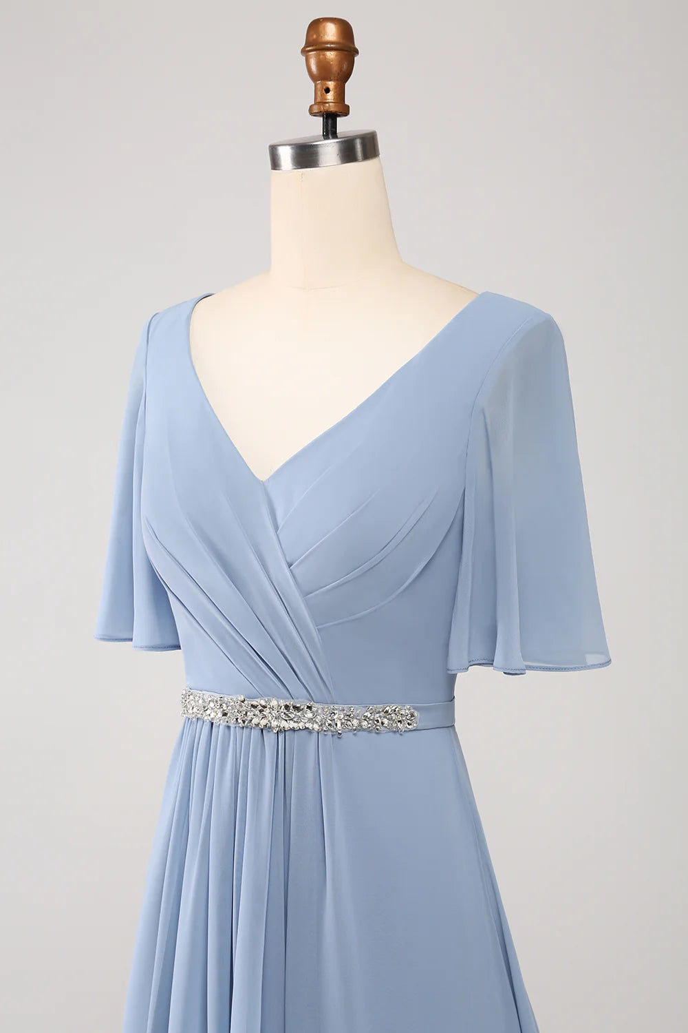 A Line V Neck Chiffon Floor Length Dusty Blue Bridesmaid Dress