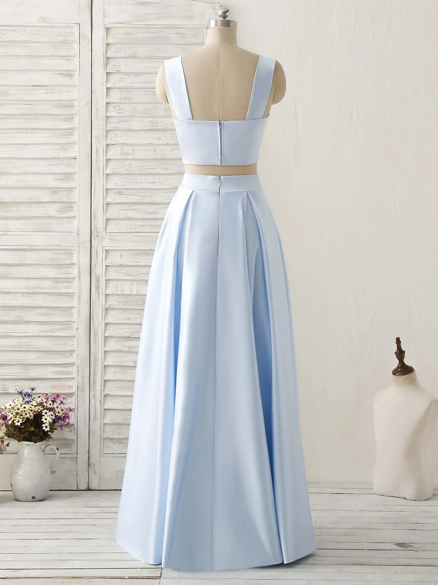 Two piece set of A-line blue satin sweet ball dress with floor mopping evening dress