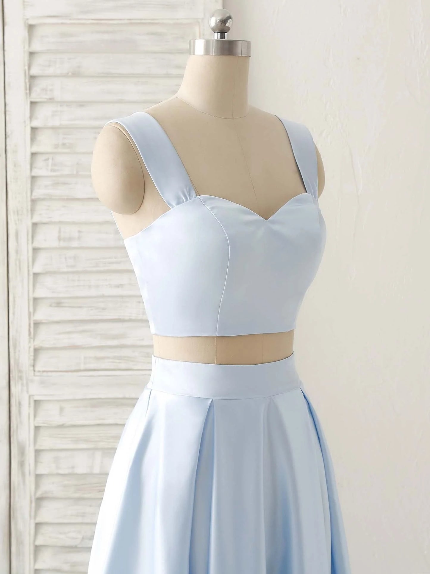 Two piece set of A-line blue satin sweet ball dress with floor mopping evening dress