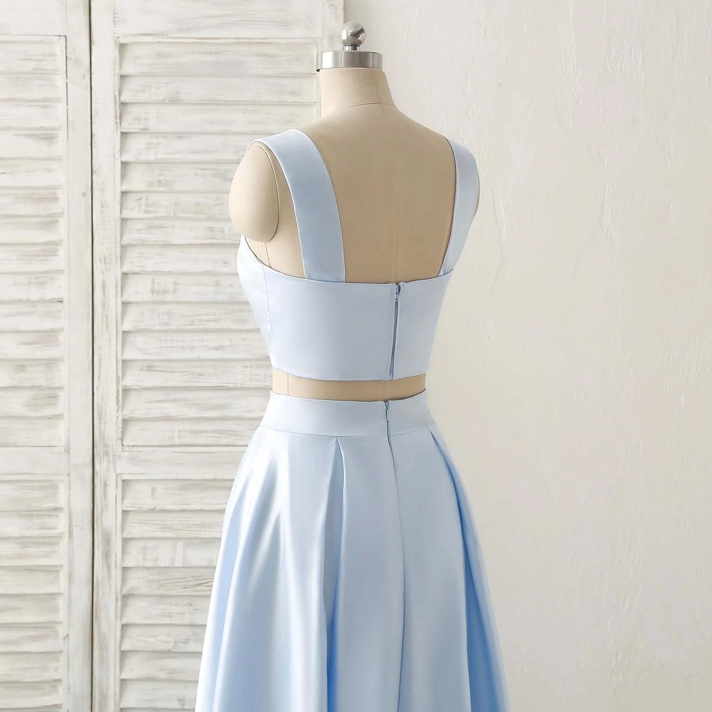 Two piece set of A-line blue satin sweet ball dress with floor mopping evening dress