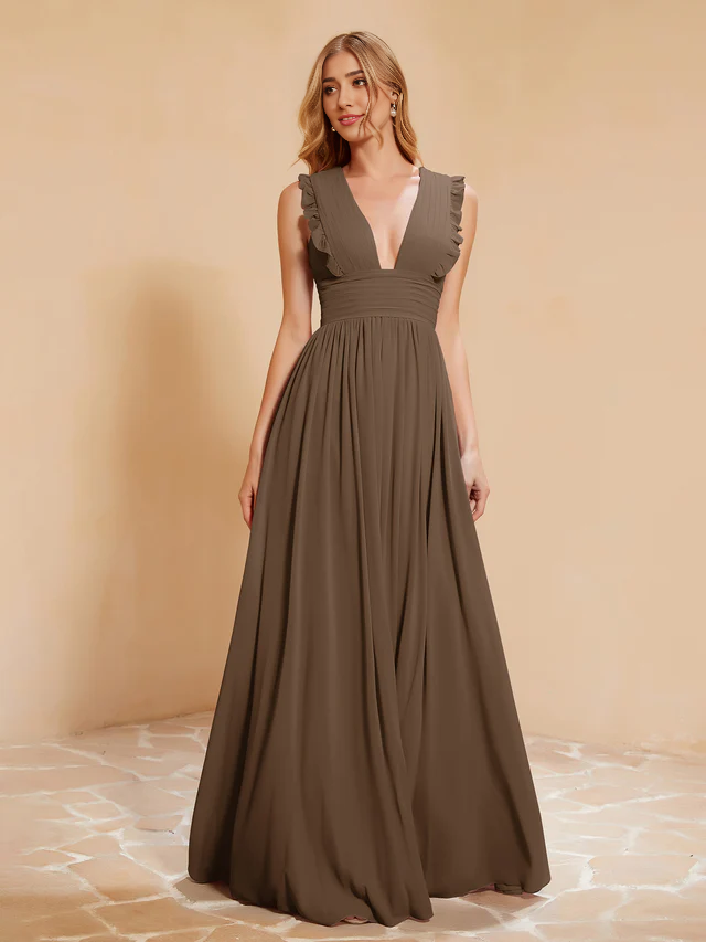 OKBBN deep V-neck ruffled pleated bridesmaid dress