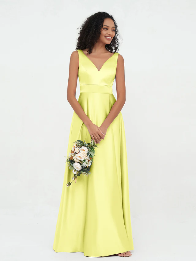 OKBBN Princess V-neck satin pocket bridesmaid dress