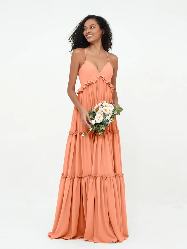 OKBBN chiffon thin shoulder strap layered sleeveless bridesmaid dress