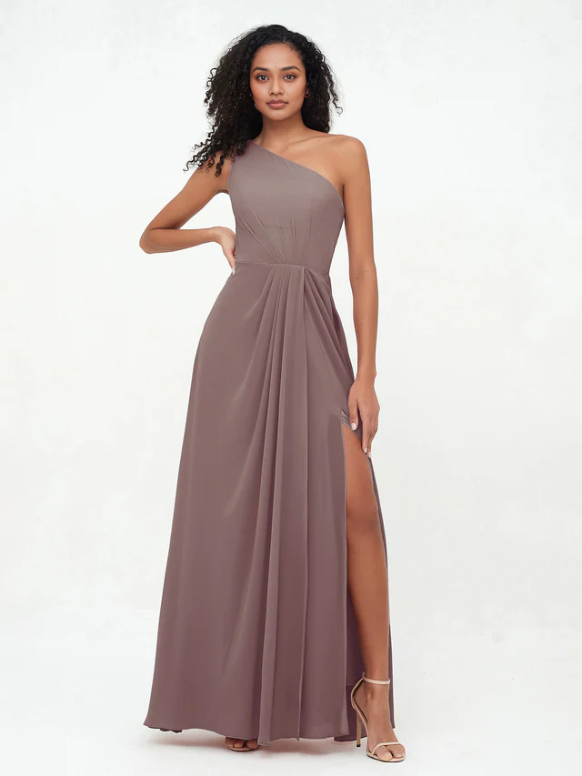 OKBBN shoulder slit chiffon bridesmaid dress