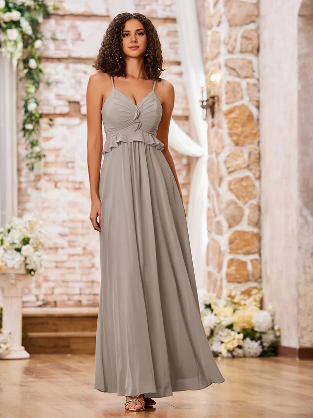 OKBBN slim shoulder strap A-line chiffon bridesmaid dress