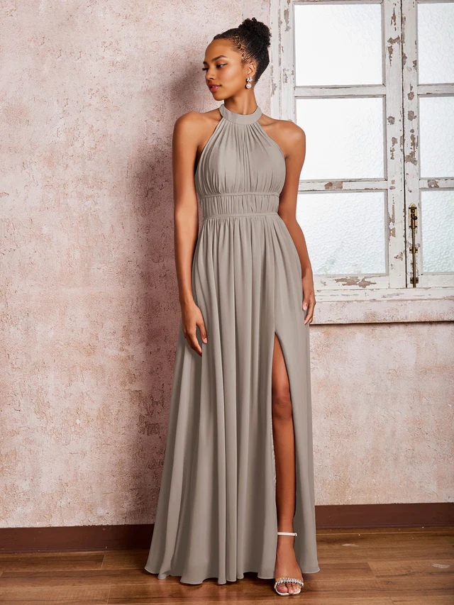 OKBBN pleated neck hanging chiffon split bridesmaid dress