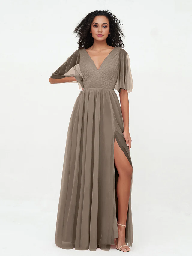 OKBBN A-line V-neck chiffon bridesmaid dress