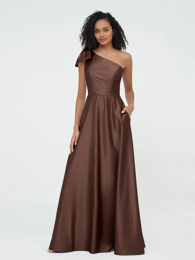 OKBBN One Shoulder Long Satin Sleeveless Bridesmaid Dress