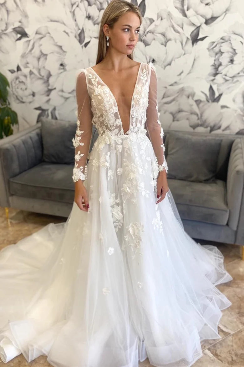 White Floral Plunging Neck Backless Wedding Dress