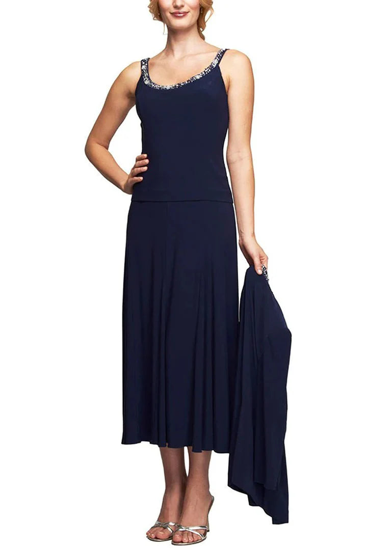 Alex Evenings Embellished Scoop Neck Sleeveless Popover A-line Matte Jersey Dress With Matching 3/4 Sleeve Jacket