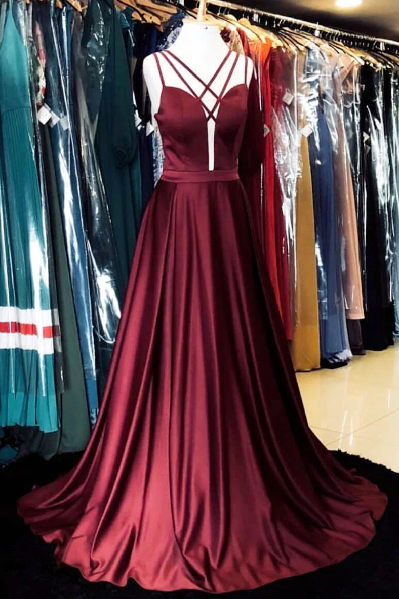Simple burgundy satin long prom dress burgundy prom dress