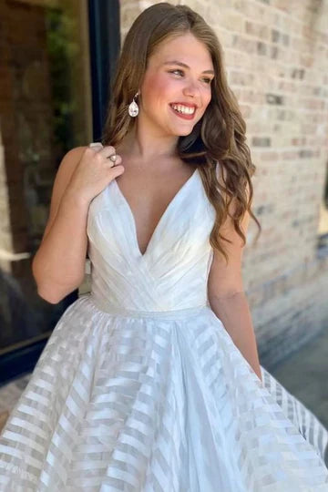 V-Neck Backless A-Line Striped Wedding Dress
