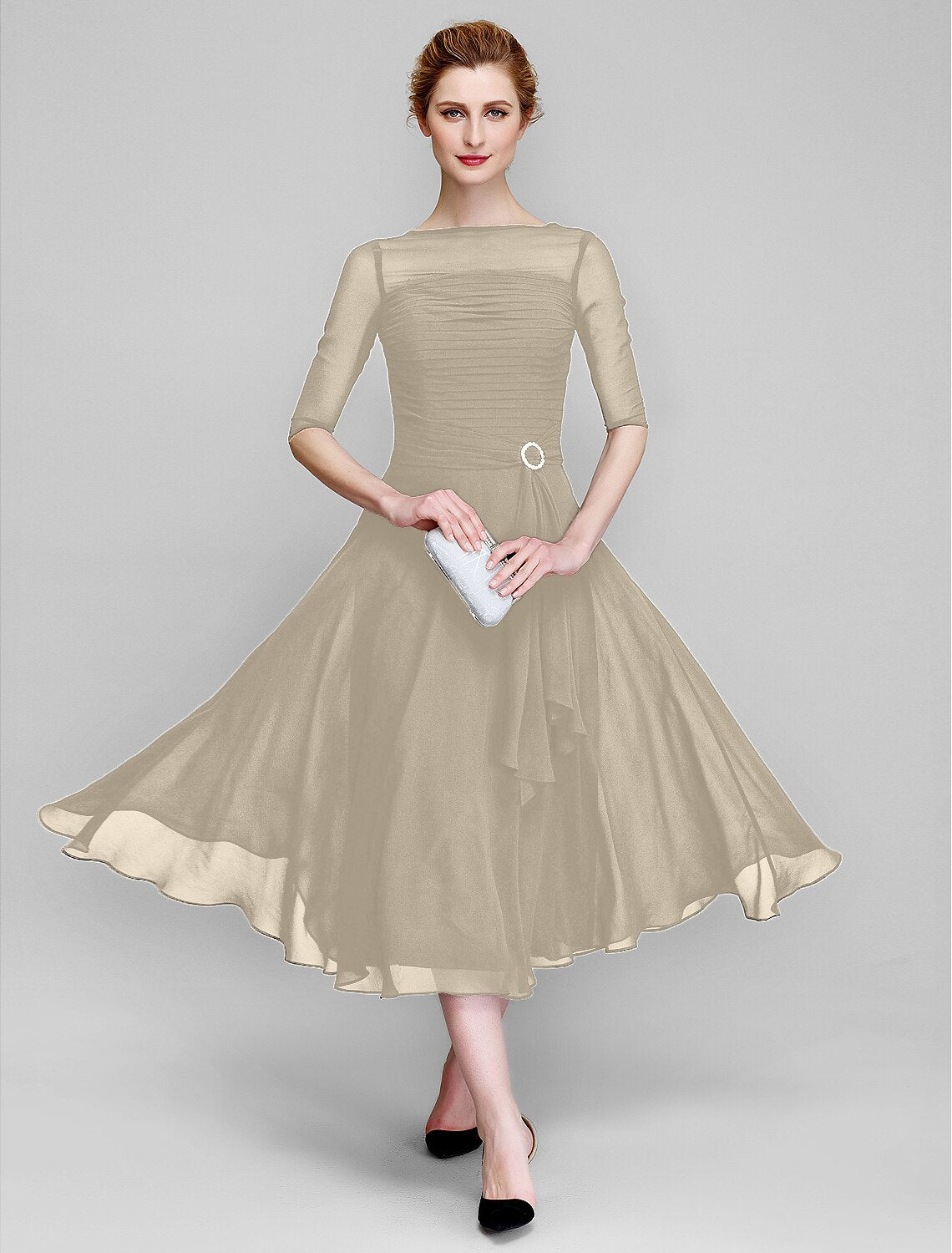 A-Line Mother of the Bride Dress Wedding Guest Elegant Plus Size Bateau Neck Tea Length Chiffon Half Sleeve with Ruched