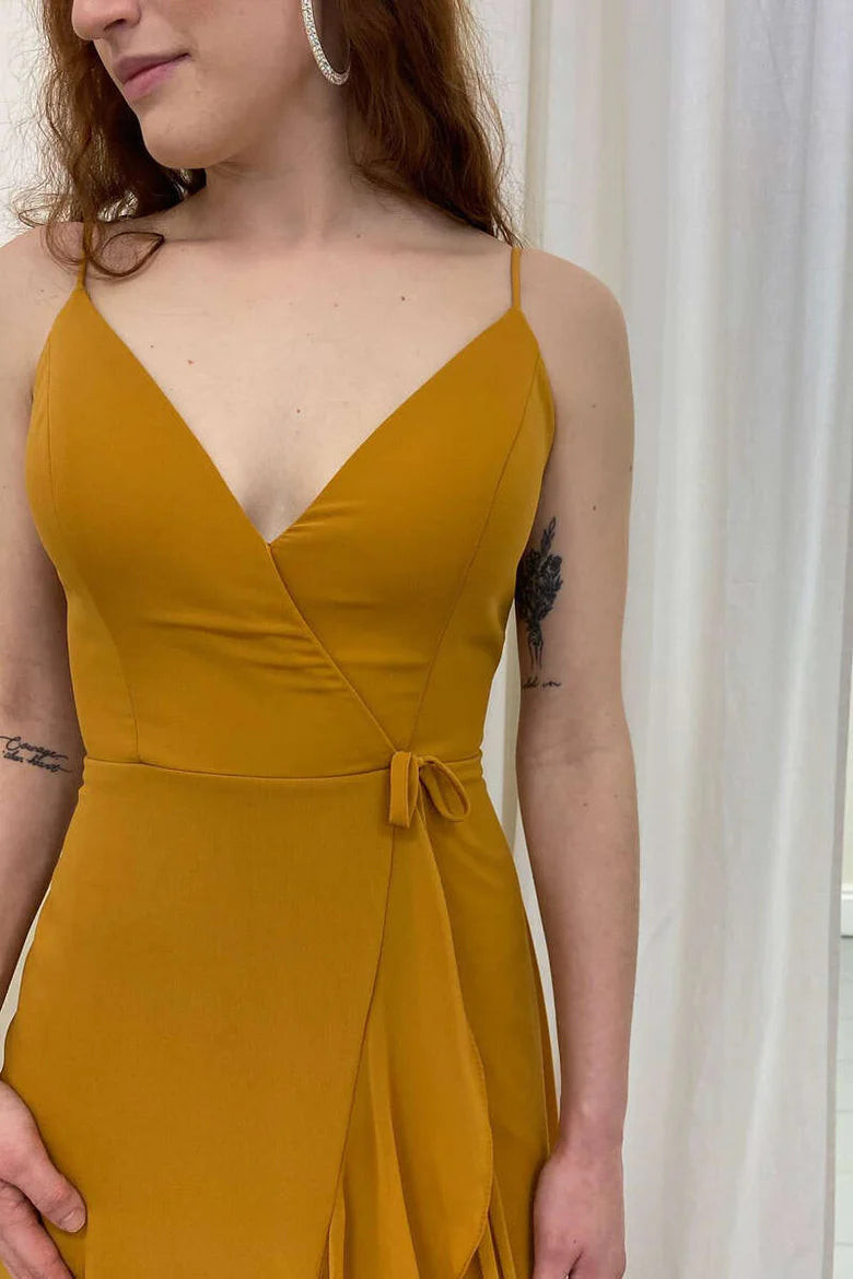 Yellow Wrap Ruffled Long Bridesmaid Dress