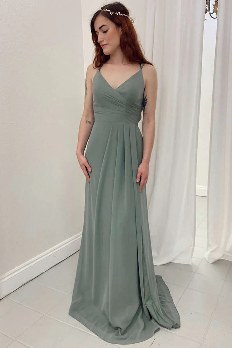 V-Neck A-Line Long Bridesmaid Dress
