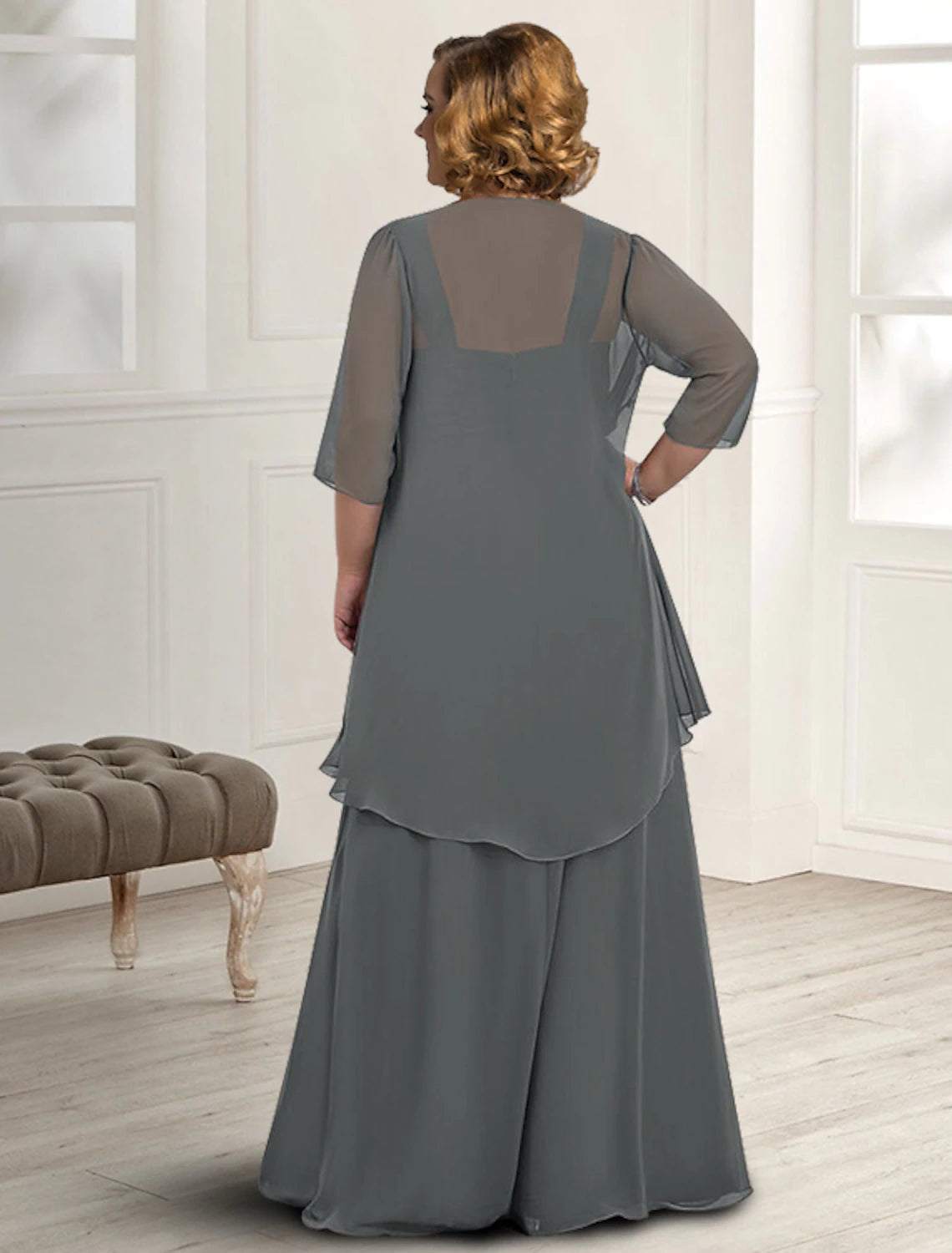Two Piece A-Line Mother of the Bride Dress Wedding Guest Elegant Plus Size Square Neck Floor Length Chiffon Sleeveless Jacket Dresses with Pleats