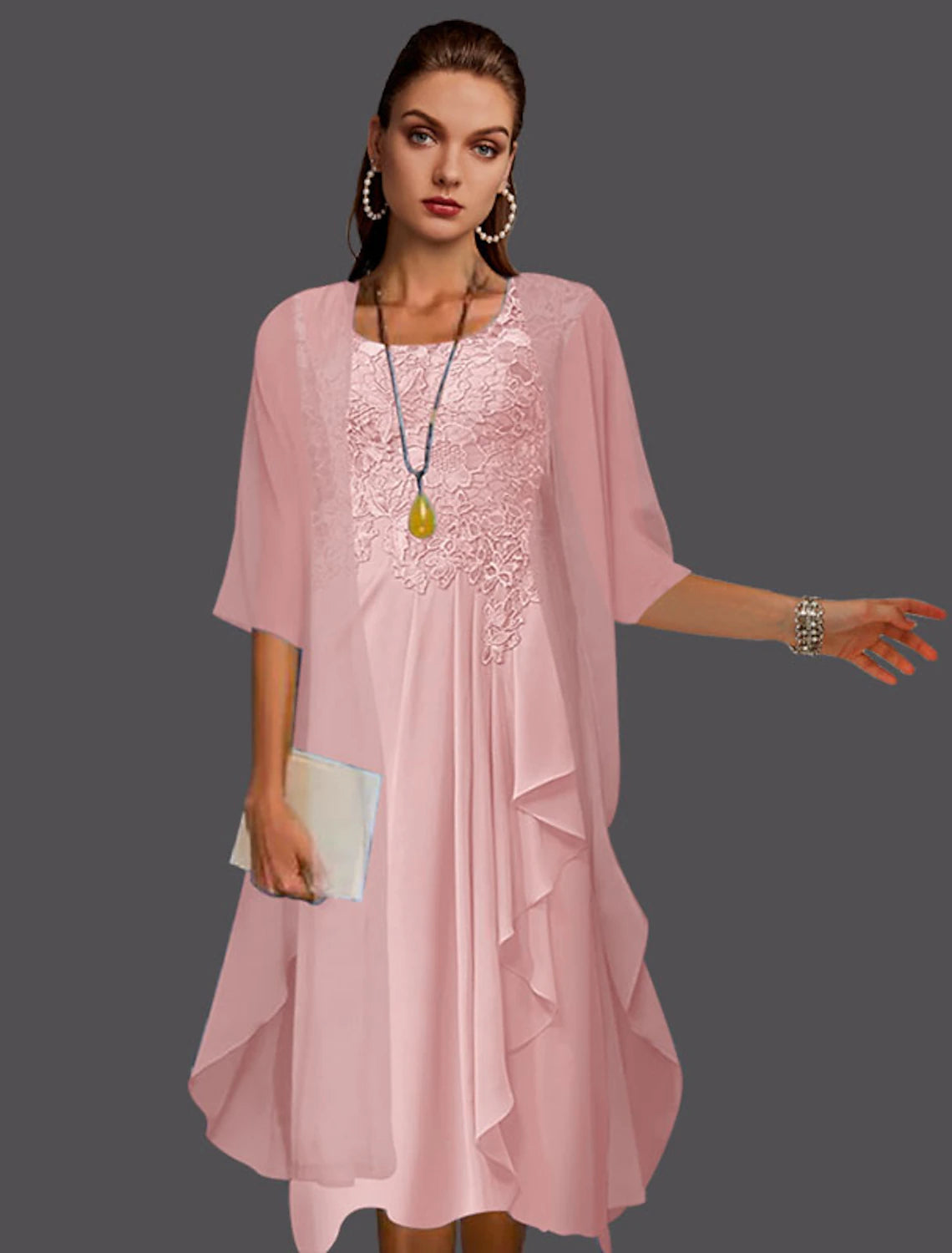 Two Piece A-Line Mother of the Bride Dress Wedding Guest Elegant Scoop Neck Knee Length Chiffon Lace Sleeveless Jacket Dresses