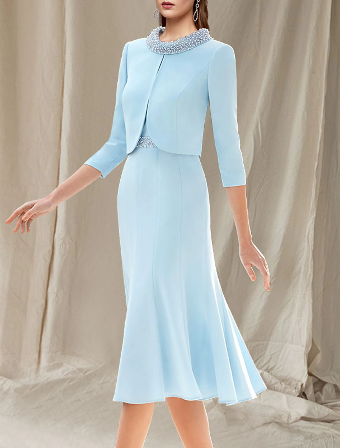 Two Piece Mermaid / Trumpet Mother of the Bride Dress Wedding Guest Church Elegant Jewel Neck Knee Length Stretch Chiffon Sleeveless Short Jacket Dresses with Beading