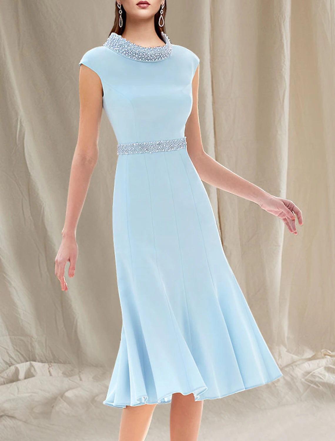 Two Piece Mermaid / Trumpet Mother of the Bride Dress Wedding Guest Church Elegant Jewel Neck Knee Length Stretch Chiffon Sleeveless Short Jacket Dresses with Beading