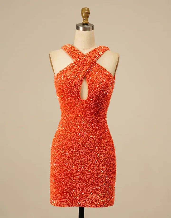 Sexy slim fit orange Halter backless sequin return to school dress