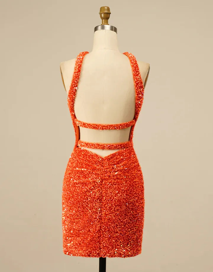 Sexy slim fit orange Halter backless sequin return to school dress